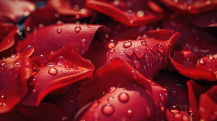 Close-up image of red petals with water droplets. Suitable for nature and beauty concepts