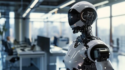 Technologically Advanced Humanoid Robot in a Workspace with Computers and Bookshelves
