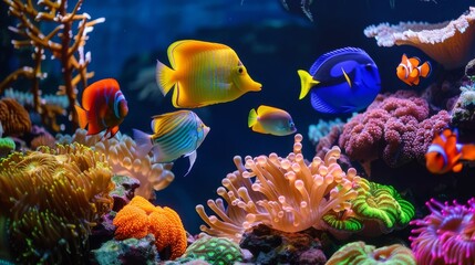 Naklejka na ściany i meble Underwater world with coral reefs and tropical fish in vibrant colors.