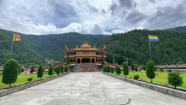 Beautiful tdl buddhist monastery architecture design at morning at dirang monastery arunachal pradesh india.