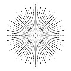 Obraz premium Hand drawn Sun, sunburst, starburst, light rays in line art. Bohemian symbol bursting sun rays. Magic talisman, antique style, boho, tattoo, logo. Vector illustration isolated on white background