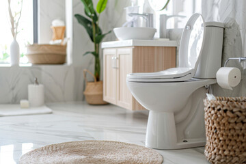 Bathroom interior with toilet in cozy and modern style, ceramic toilet bowl and wooden furniture, minimal decoration.