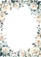 Rectangular square floral frame, wreath white roses and camellia. Design for greeting card, invitation, wedding