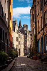 Fototapeta premium A narrow cobblestone street with a church in the background. Suitable for travel websites or historical publications