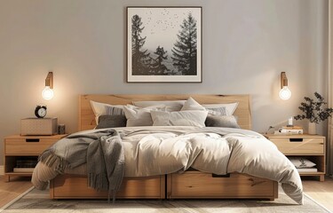 Modern bedroom interior design. Beside the bed hanging electric light. A frame with Scandinavian nature view behind the bed. The bed create with wood.