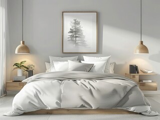 Modern bedroom interior design. Beside the bed hanging electric light. A frame with Scandinavian nature view behind the bed. The bed create with wood.