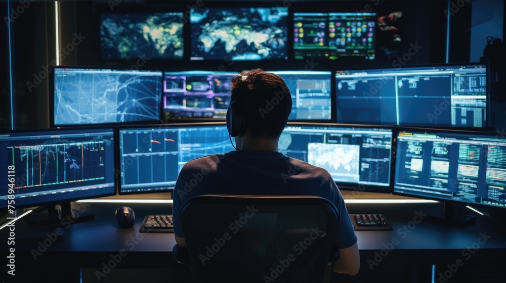 Poster a man sitting at a desk in front of multiple computer monitors. suitable for technology and office-r
