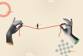 Man walking on a rope and human hand in retro collage vector illustration - 758946190