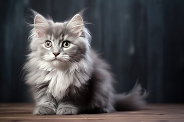 A fluffy gray cat sitting on a wooden floor. Suitable for pet blogs or animal care websites