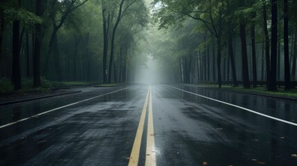 A wet road surrounded by trees. Suitable for transportation and nature concepts - obrazy, fototapety, plakaty