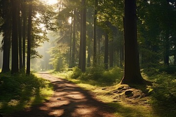 Naklejka premium A serene dirt road winding through a lush forest. Suitable for nature and travel concepts