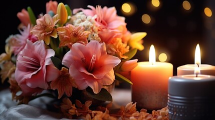 A bouquet of flowers and two candles on a table. Perfect for home decor ideas