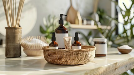 A mockup design featuring a bamboo basket displaying scented candles, pump bottles, mask sheets,...
