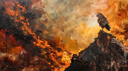 Eagle Perched on Volcanic Mountain Peak, Amidst Fiery Eruption and Lava Flow