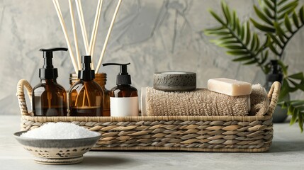 A mockup design featuring a bamboo basket displaying scented candles, pump bottles, mask sheets, and a jar of scrub