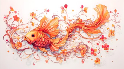 Fototapeta na wymiar Goldfish Soaring through a Floral Wonderland in Vibrant Watercolor