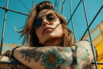 A woman with tattoos on her arms leaning against a fence. Suitable for fashion or lifestyle blogs - obrazy, fototapety, plakaty