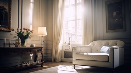 A white chair in a living room, suitable for interior design projects