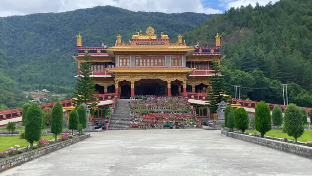 Beautiful tdl buddhist monastery architecture design at morning at dirang monastery arunachal pradesh india.