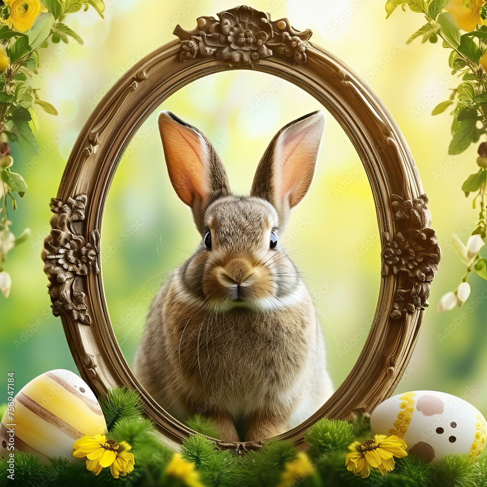 Wall mural easter egg frame background with rabbit