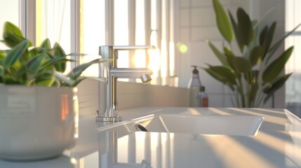 Tall white faucet, bathroom sink, water, natural light, photorealistic