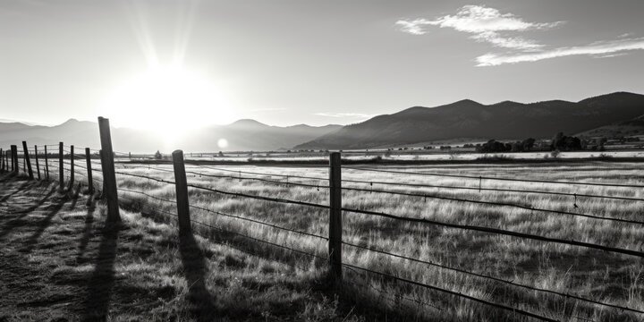 Black and white photo of a fence in a field, suitable for various design projects