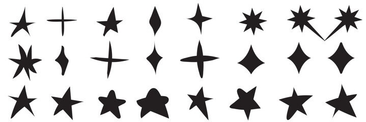 Doodle star set. Hand drawn vector stars and sparkles symbols. Vector illustration.