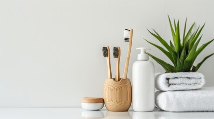 Fototapeta na wymiar Bamboo toothbrushes neatly arranged in a holder, alongside a potted plant, towel, and cosmetic product, all placed on a white countertop. 