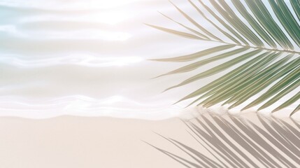 Palm leaf shadow on sandy beach, ideal for tropical vacation concept - obrazy, fototapety, plakaty