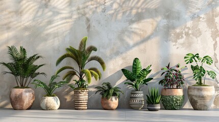 composition of various house plants in different ceramic pots. House plants against light wall. --ar 16:9 Job ID: 2ad02216-9049-413e-b257-78c813107a1f