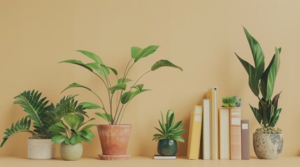 Various plants arranged alongside books on a beige background, creating a tranquil and harmonious scene that blends elements of nature and education.