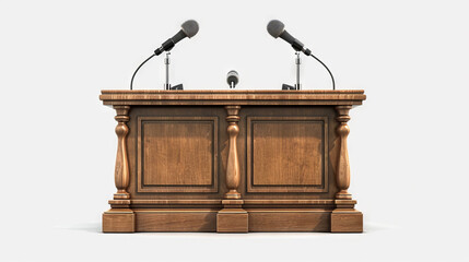 lectern with microphones, white background. Speaker podium. Space for text.