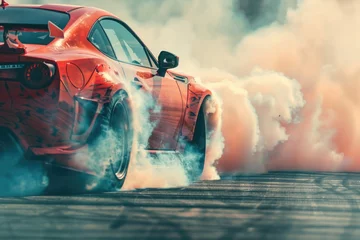 Fotobehang A red sports car emitting smoke, suitable for automotive and transportation concepts © Ева Поликарпова