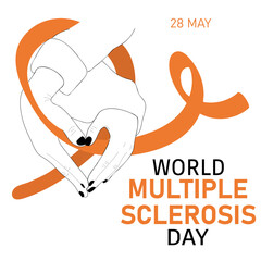 World Multiple Sclerosis Day poster. Vector cartoon illustration of  hands with a heart shape holding a orange ribbon.