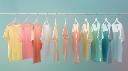 where a rack of hangers adorned with multiple colored t-shirts hangs delicately against a stunning light blue background. 