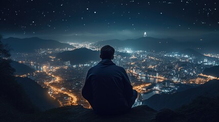 A man sitting on a ledge, gazing at the city lights. Suitable for urban lifestyle concepts - obrazy, fototapety, plakaty