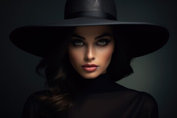Fototapeta na wymiar A woman in a black hat and dress. Suitable for fashion blogs or Halloween-themed content