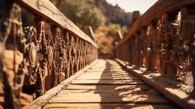 A wooden bridge crossing a river in the desert. Suitable for various outdoor themes