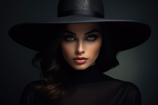 A woman in a black hat and dress. Suitable for fashion blogs or Halloween-themed content
