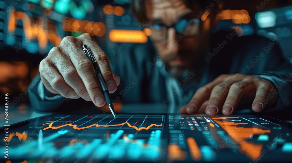 Poster Businessman analyzing stock market graph data with financial graph. Generative AI.