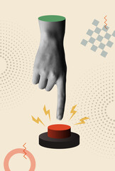 Hand pressing the red start button in retro collage vector illustration - 758948783