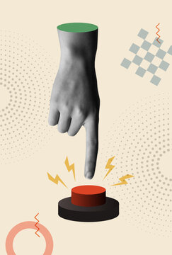 Hand pressing the red start button in retro collage vector illustration