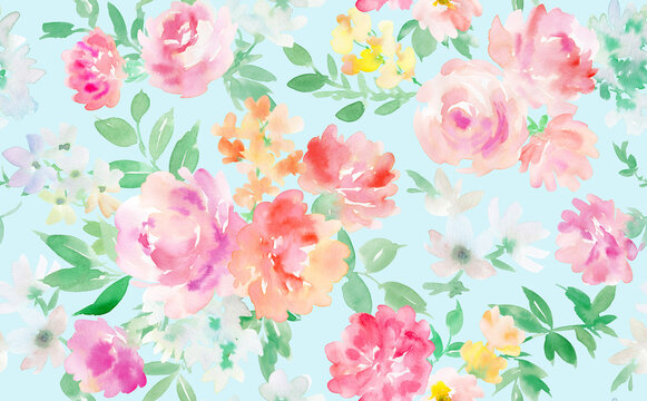 Seamless pattern of carnations and roses painted in watercolor