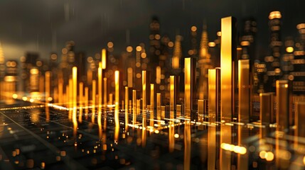 Gold business chart on a black background with the city in the background. Generative AI.