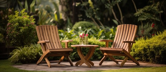 Wooden chair and table set in a garden, Outdoor relaxation theme.