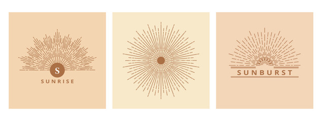 Hand drawn card of Sun, sunburst, light rays in line art. Bohemian symbol bursting sun rays. Magic vintage collection, antique style, boho, tattoo, emblem, logo. Vector set illustration on beige