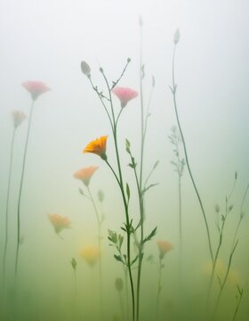 Picture, flowers and grass in the fog, early in the morning in a field