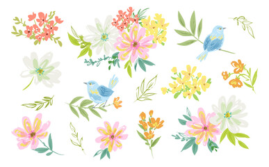 Fototapeta na wymiar Blue bird and colorful flowers background vector illustration individual set