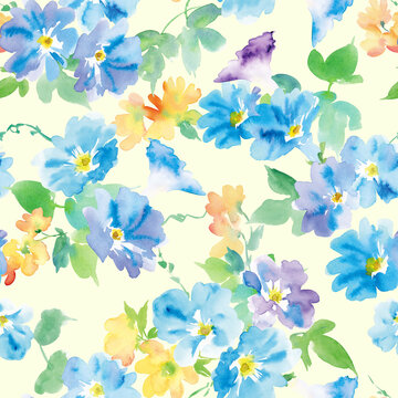 Seamless pattern of morning glories painted in watercolor