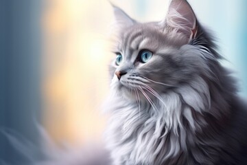 A cute cat with blue eyes sitting on a window sill. Suitable for pet lovers and animal care concepts